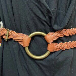RALPH LAUREN POLO DOUBLE STRAP BRAIDED LEATHER BELT O-RING BRASS BUCKLES M